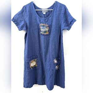 Cover Charge Vintage Linen Tunic Dress Blue Medium Patchwork 2413